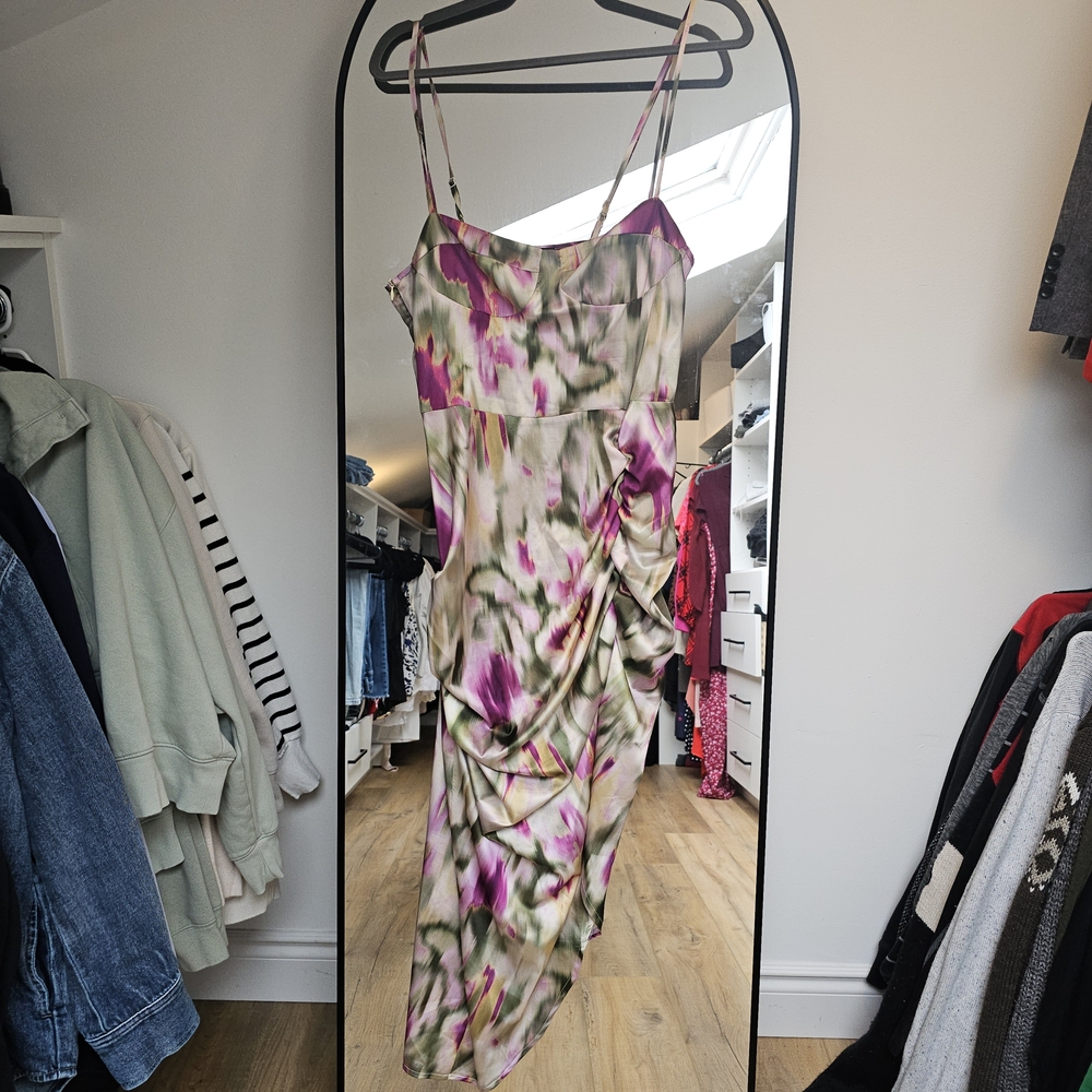Cider Asymmetrical Pink and Green Floral Dress